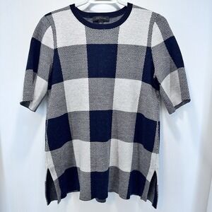 ANN TAYLOR WOMEN'S L KNIT SWEATER L Extra Fine Merino Wool Blend CREW Neck Check